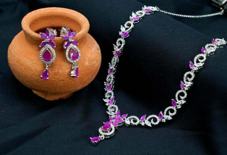 Ruby and diamond silver necklace set