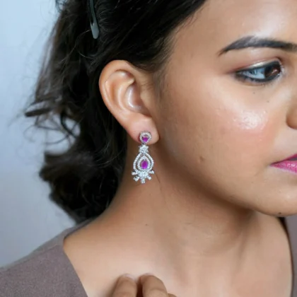 Pink stone long earring