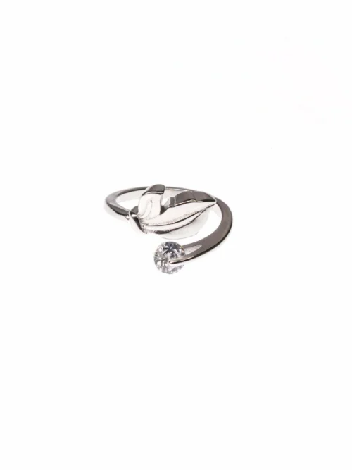 Leaf White Stone Silver Adjustable Ring