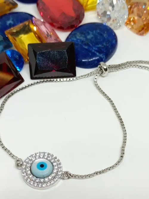 evil blue eye round  pure silver ladies bracelet
