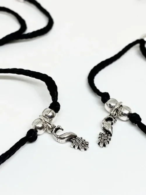 Peacock black thread adjustable silver thread single anklet