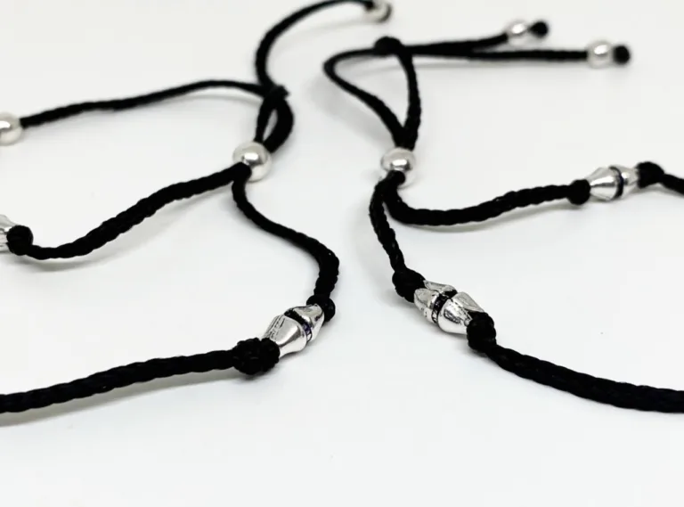 Ball bead adjustable silver black thread anklet