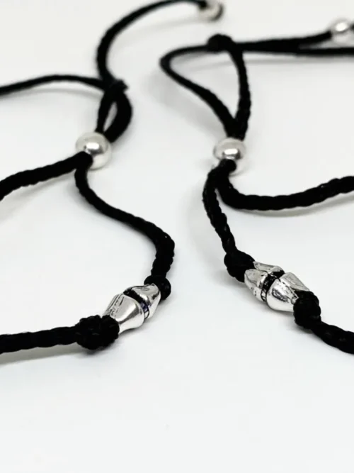 Ball bead adjustable silver black thread anklet