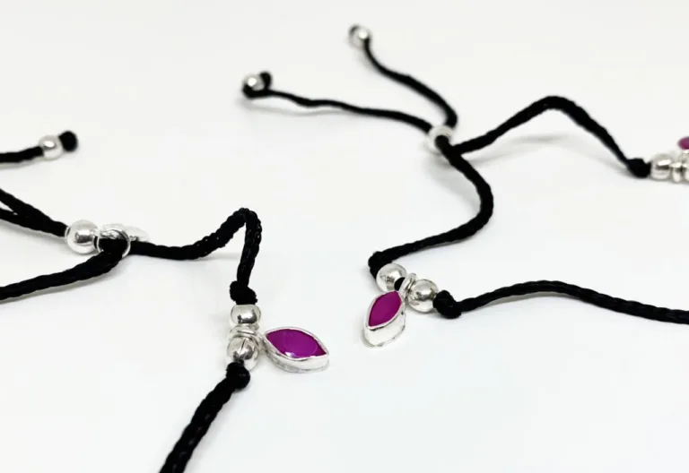 Pink cut stone silver adjustable black thread anklet