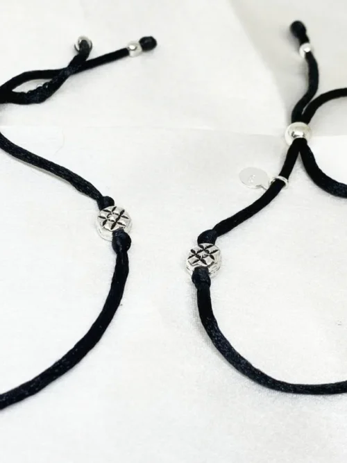 Box bead black thread adjustable silver anklet