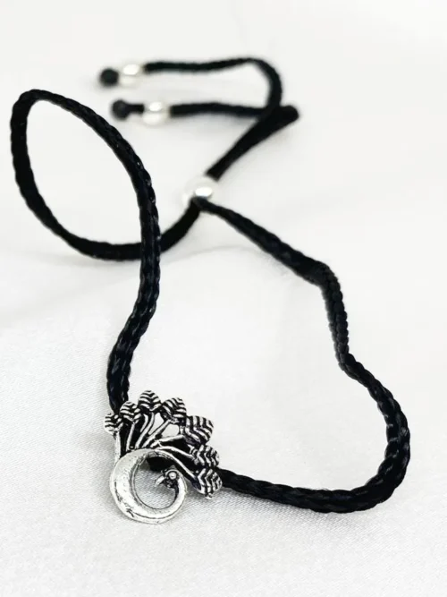 Peacock design black thread adjustable silver anklet