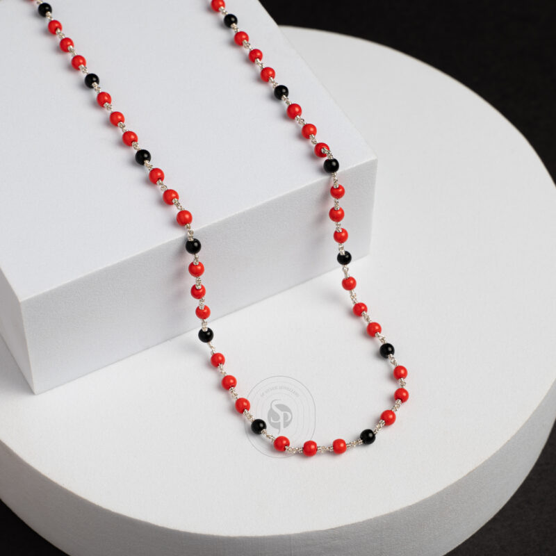 Red and Black Bead's Drishti Kid's Silver Chain