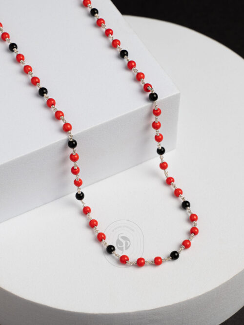 Red and Black Bead's Drishti Kid's Silver Chain