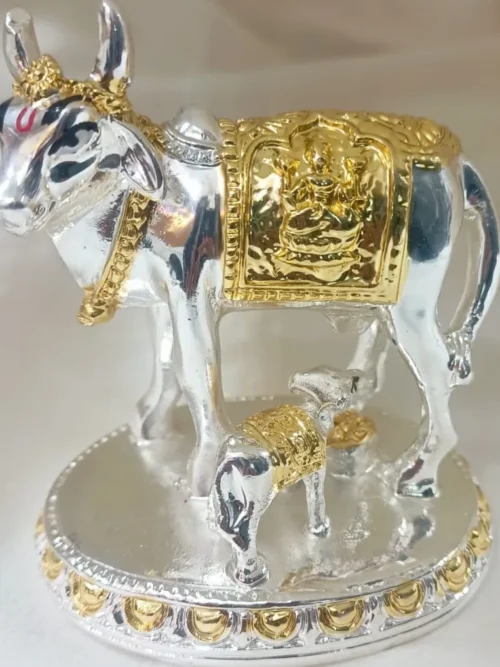 PURE SILVER COATED KAMADHENU COW AND CALF IDOL
