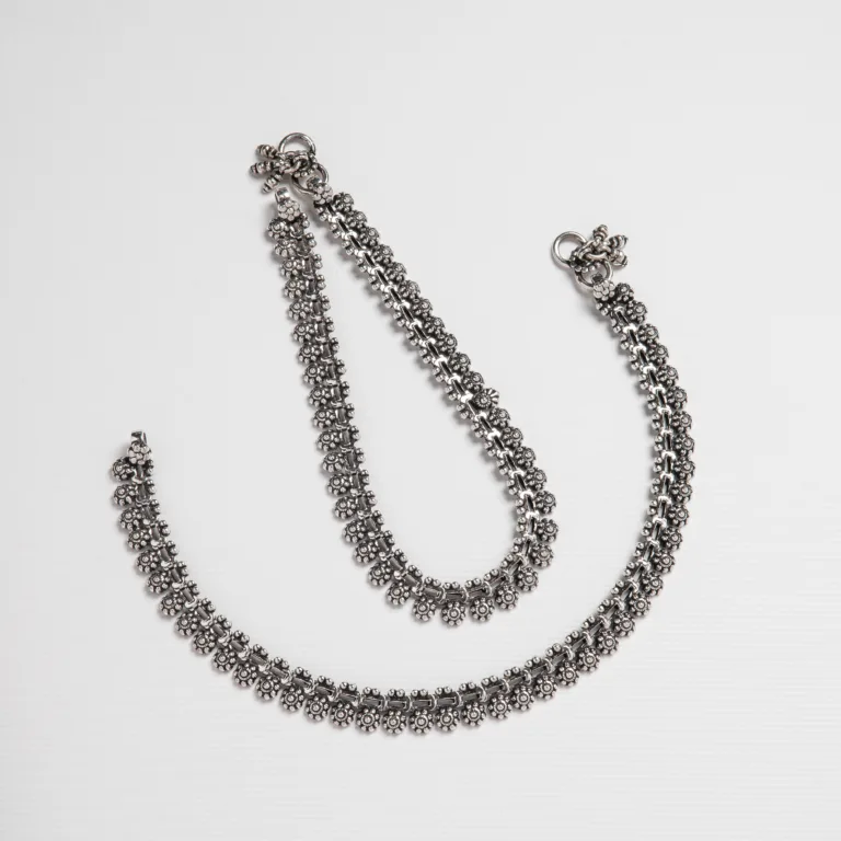 Pure Silver Oxidised Flower Design Payal