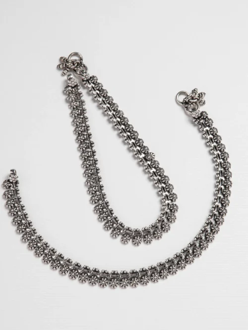 Pure Silver Oxidised Flower Design Payal