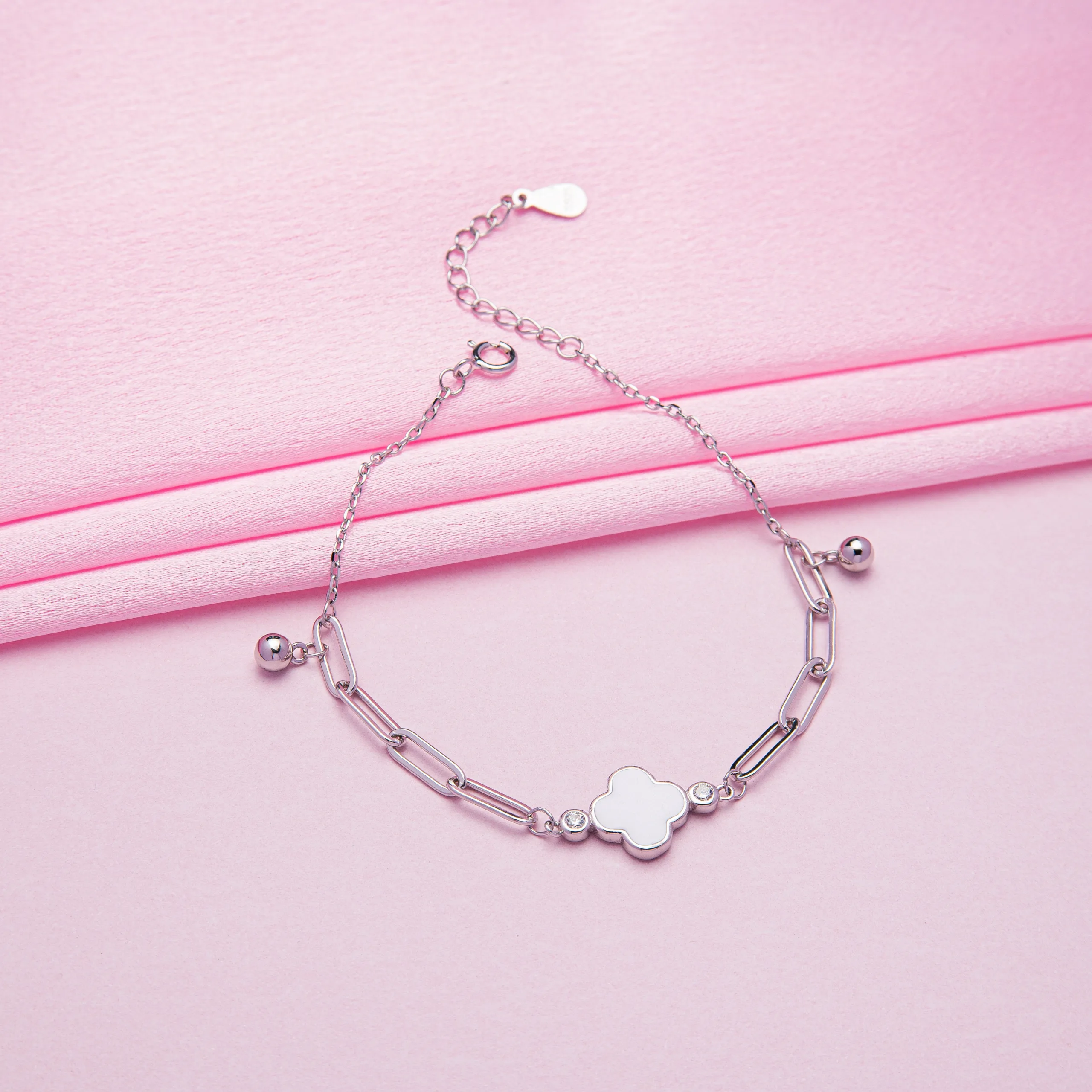 Pure Silver Single Clover Opal Chain Bracelet