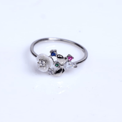 Pure Silver Multi Coloured Stone With Petal Flower Ring