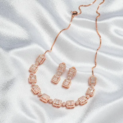 Pure Silver Rose Gold Solitaire Necklace Set