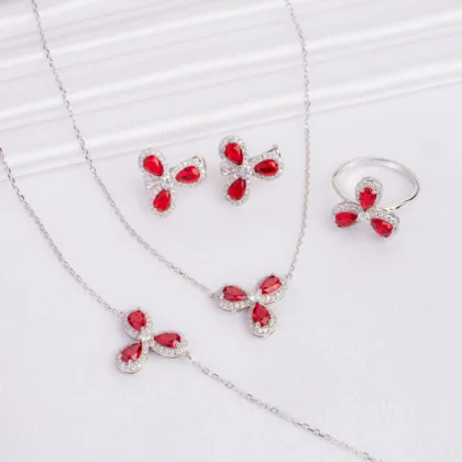Pure Silver Red Flower Design Combo Set