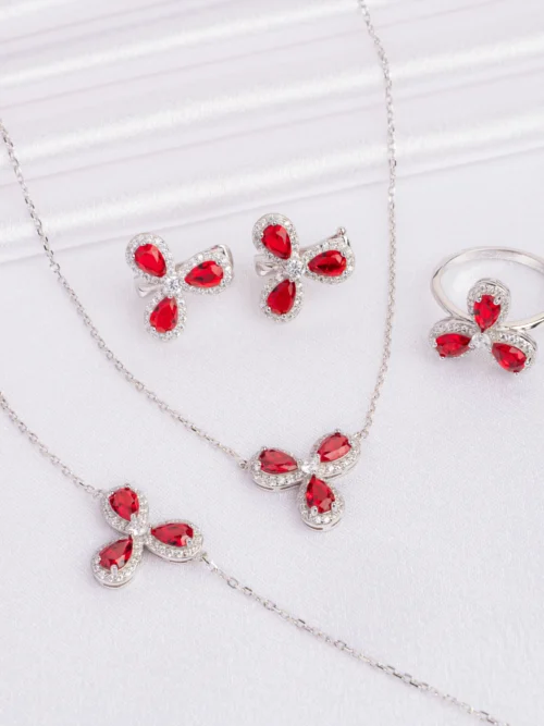 Pure Silver Red Flower Design Combo Set