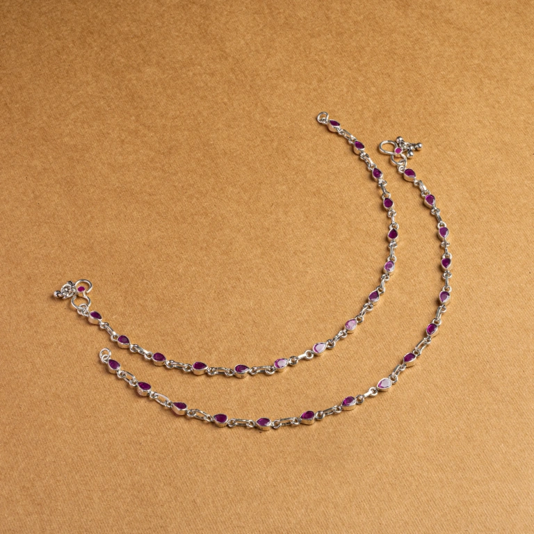 Pure Silver Ruby Cut Stone Payal.