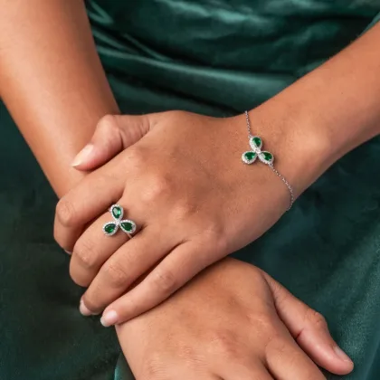Pure Silver Green Flower Combo Set