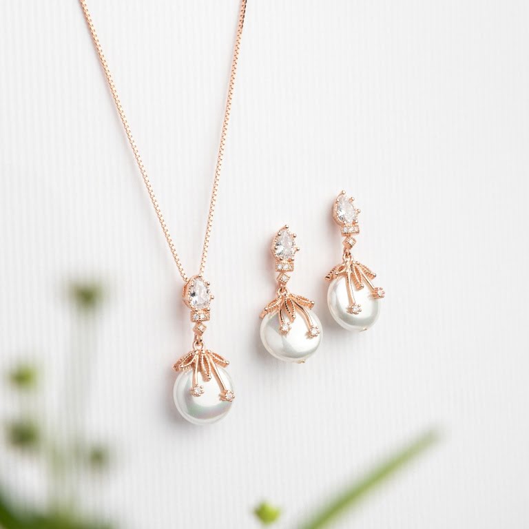Pure Silver Rose Gold Designer Pearl Set