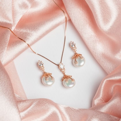 Pure Silver Rose Gold Designer Pearl Set