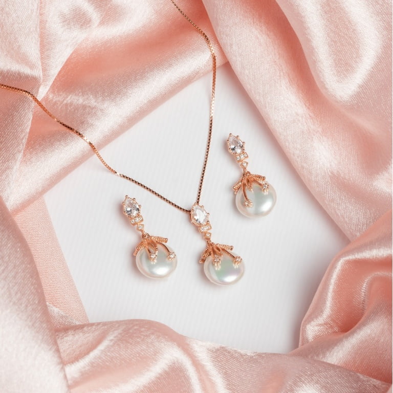 Pure Silver Rose Gold Designer Pearl Set - Image 2