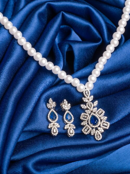 Pure Silver Blue Stone and Pearl Necklace Set