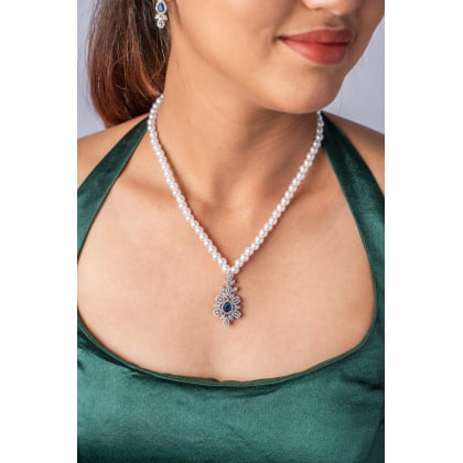 Pure Silver Blue Stone and Pearl Necklace Set