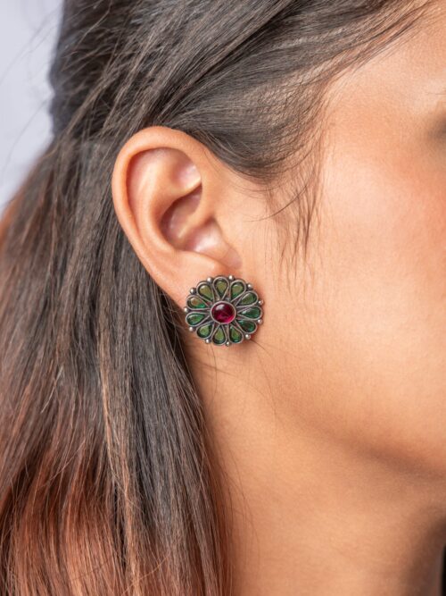 Pure Silver Emerald Stone Oxidized Studs