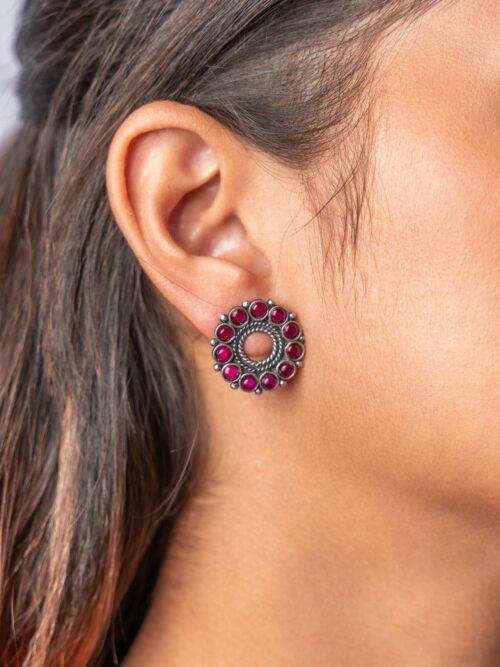 Pure Silver Pota Ruby Oxidised Studs