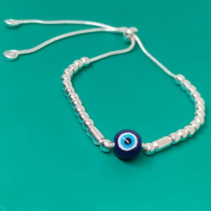 Pure Silver Evil Eye With Silver Beads Adjustable Bracelet