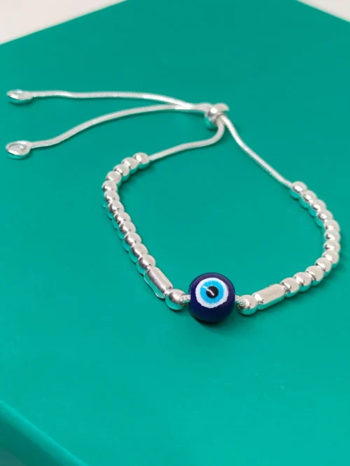Pure Silver Evil Eye With Silver Beads Adjustable Bracelet