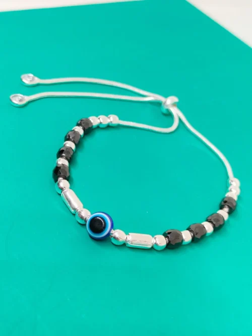 Pure Silver Black Crystal Beads Evil Eye Adjustable Bracelet