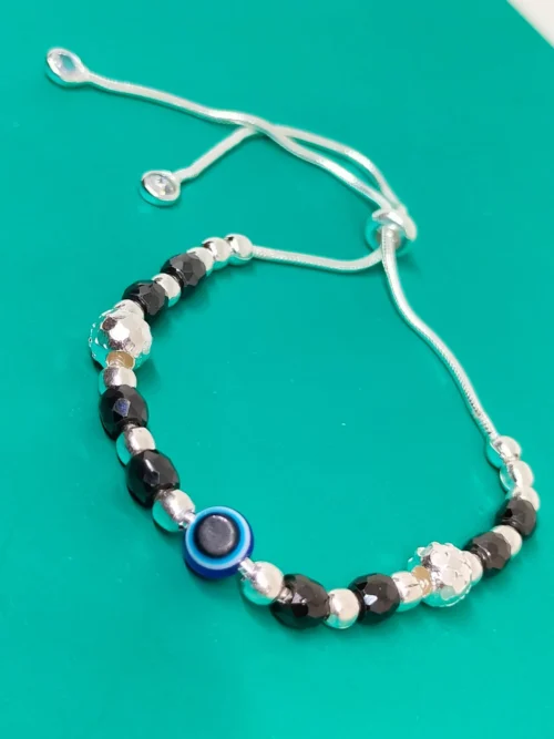 Sterling Silver Black Crystal Beads Evil Eye Adjustable Bracelet