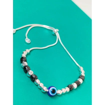 Pure Silver Black Crystal Beads Evil Eye Adjustable Bracelet