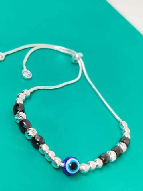 Pure Silver Black Crystal Beads Evil Eye Adjustable Bracelet