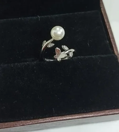 Pure Silver ButterFly Pearl Adjustable Ring