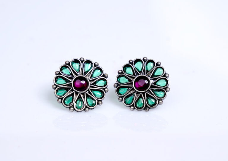 Emerald Stone 92.5 Silver Oxidise Studs Earrings