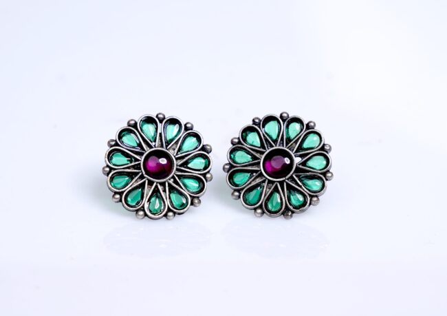 Emerald Stone 92.5 Silver Oxidise Studs Earrings