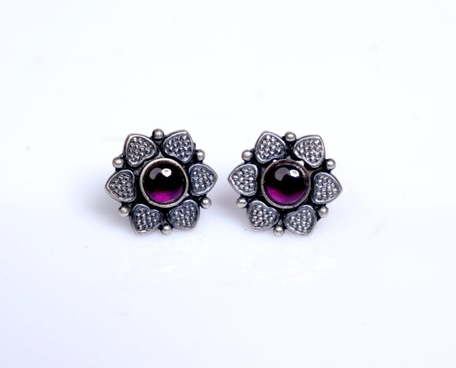 92.5 Pure Silver Flower Paan Design Studs Earrings