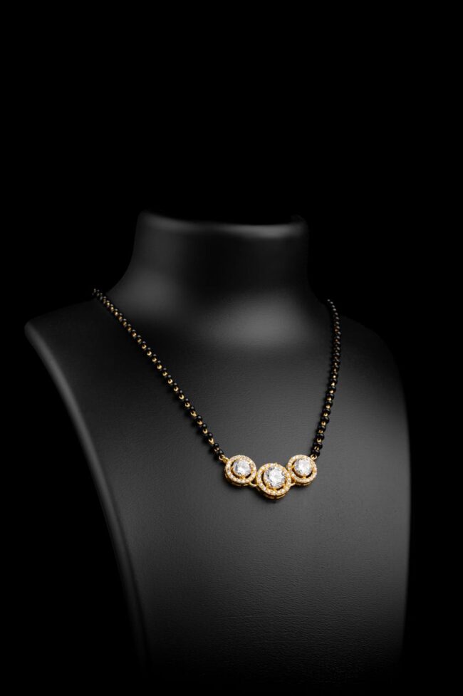 Gold Plated Halo Design Three Stone Mangalsutra