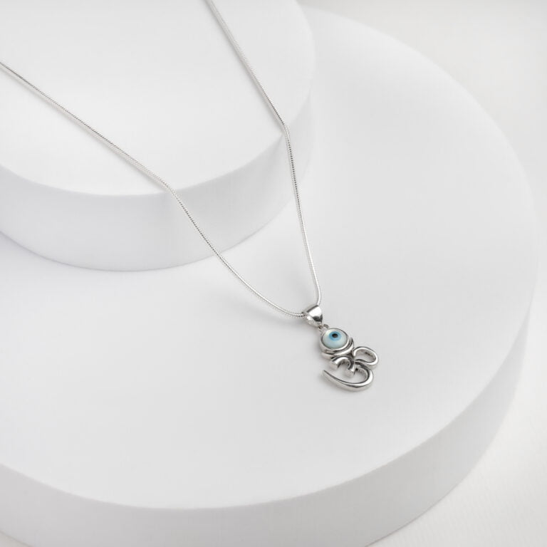 Silver Evil Eye Om Pendant With Snake Chain