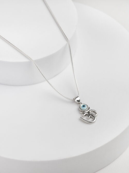 Silver Evil Eye Om Pendant With Snake Chain