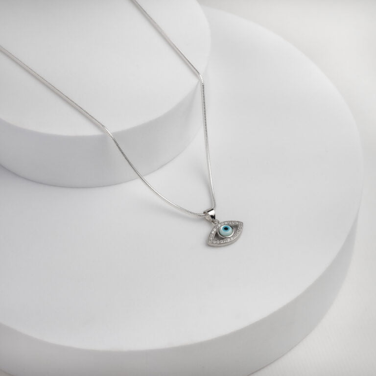 Pure Silver Evil Eye Pendant with Snake Chain