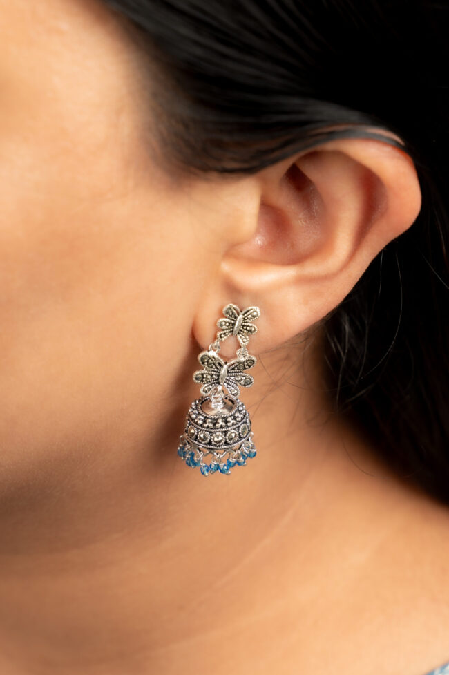 Double Butterfly Silver Marcasite Jhumka - Image 2