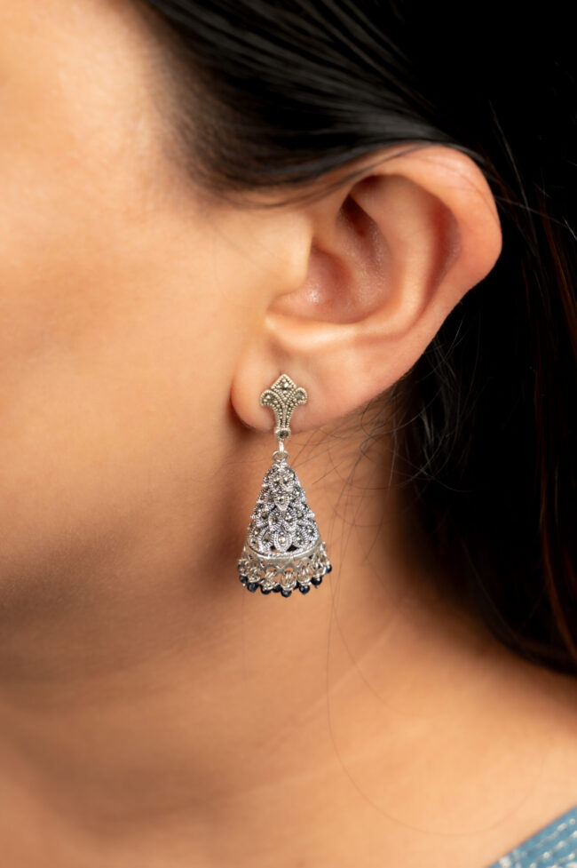Peacock Feather Designer Silver Jhumka - Image 2