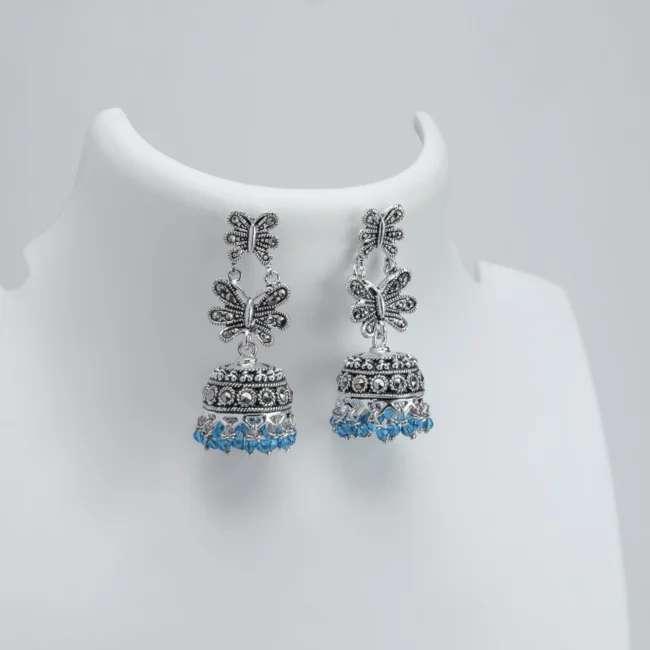 Double Butterfly Silver Marcasite Jhumka