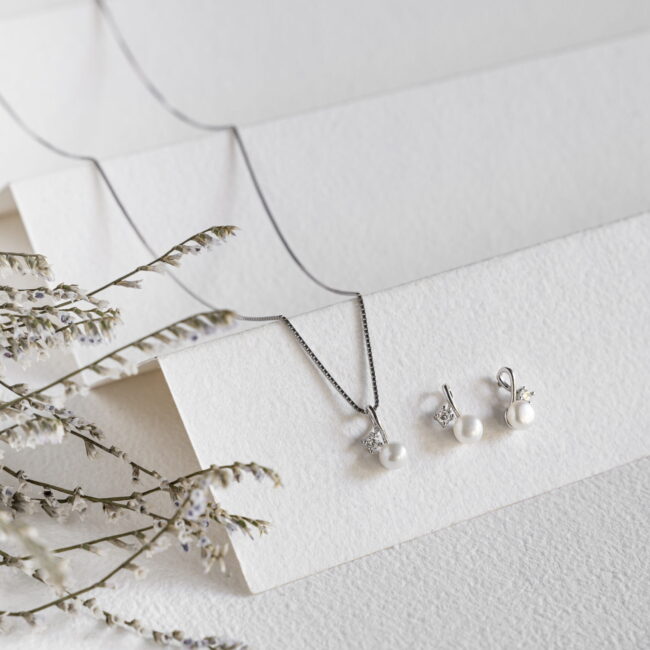 Pure Silver Cherry Designed Pearl Set