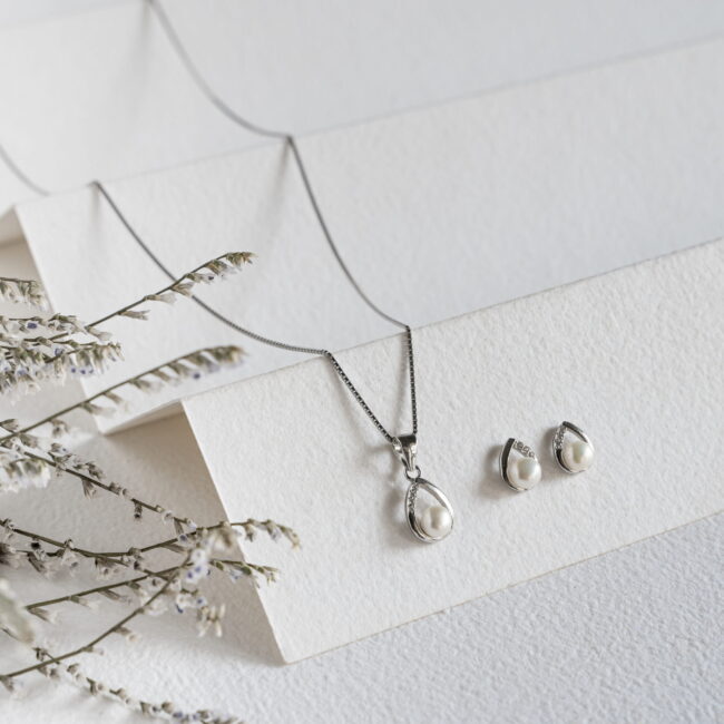Pure Silver Badam Shaped  Pearl Set