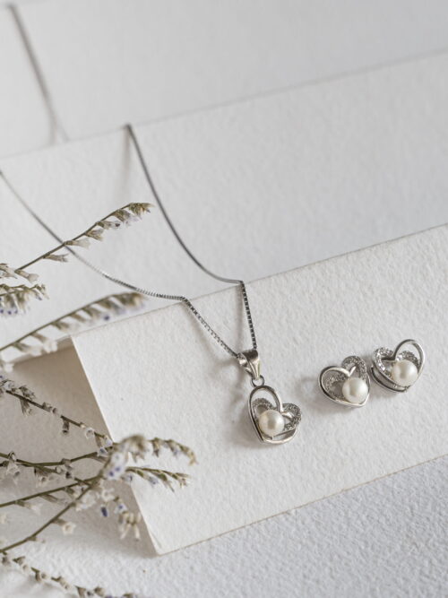 Pure Silver heart shaped  Fresh Water Pearl Set