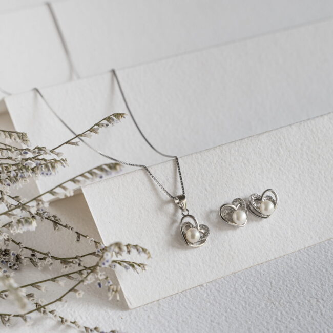 Pure Silver heart shaped  Fresh Water Pearl Set